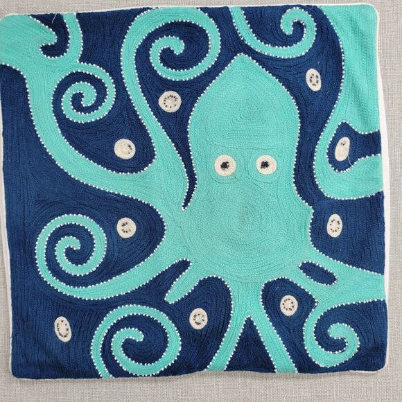 Pottery Barn Kids Pillowcase 16x16 Blue Beaded Octopus Embroidered Cotton Square - Picture 14 of 15